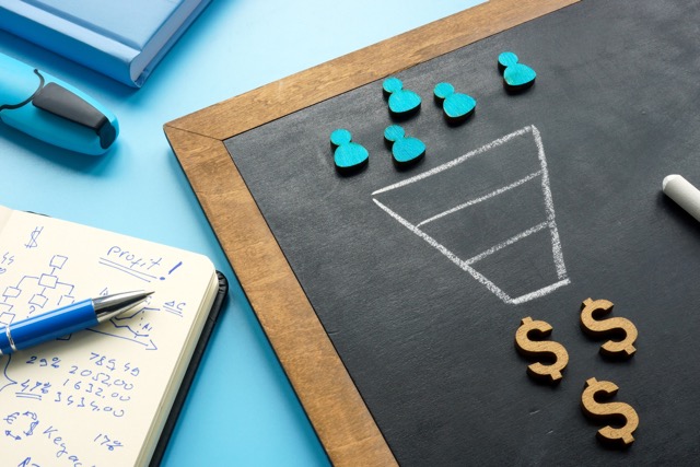 Marketing sales funnel on the blackboard and figurines